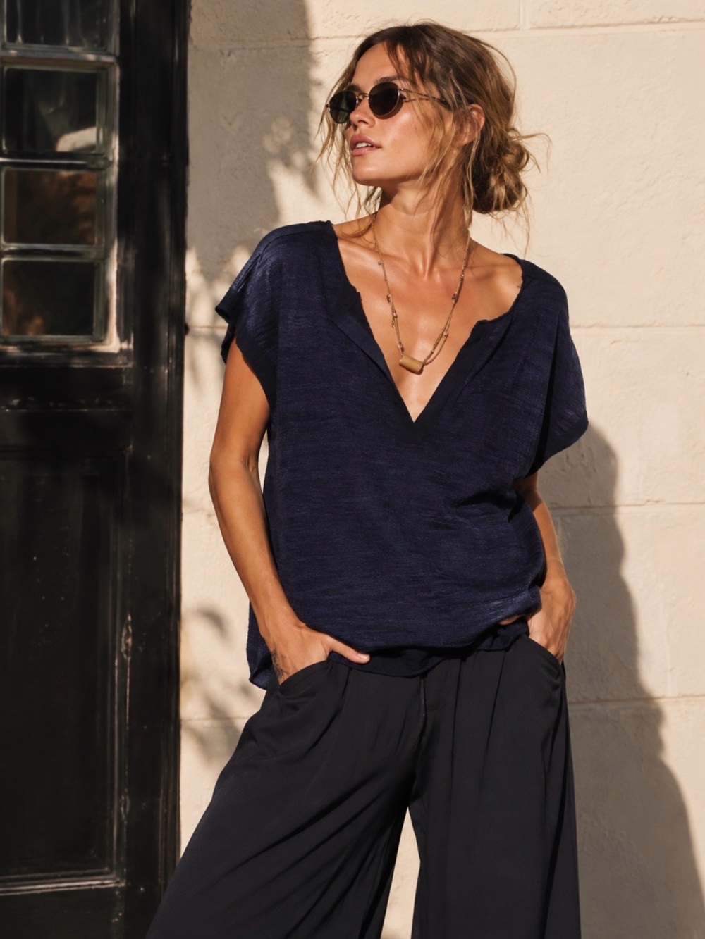 Free People Marina Del Sol Sweater Top Celestial Indigo Blue Size S Oversized